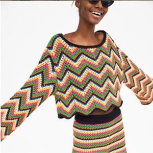 Zara knit multicolored crochet chevron cropped sweater top size M